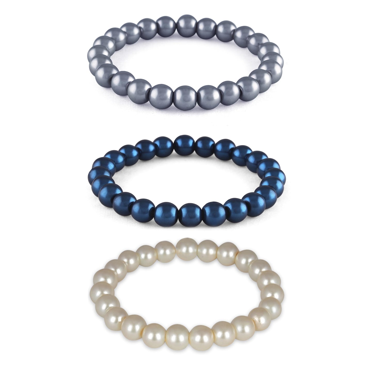 Premium Pearl Bracelet Set – Light Grey, Metallic Blue & Off-White
