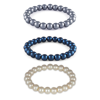 Premium Pearl Bracelet Set – Light Grey, Metallic Blue & Off-White