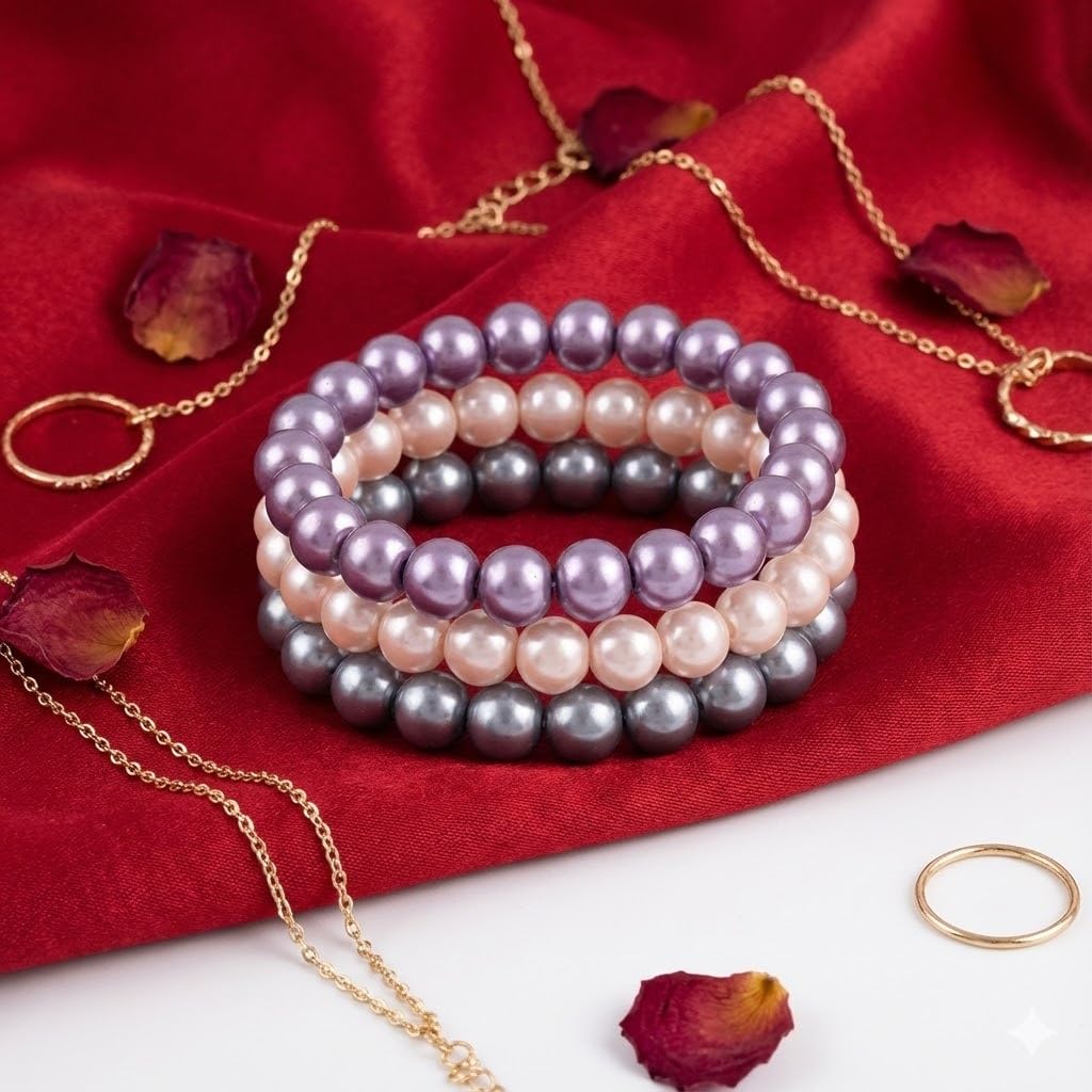 8mm Faux Pearl Stretchable Bracelet Set – 3-Piece Pastel Combo