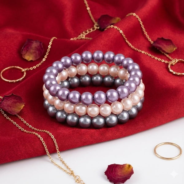 8mm Faux Pearl Stretchable Bracelet Set – 3-Piece Pastel Combo