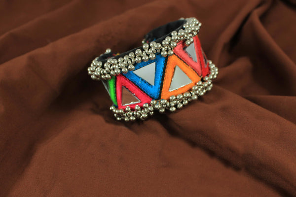 Oxidised Silver Plated Multicolor Thread And Mirror Work Bracelet Kada (Navratri Special)