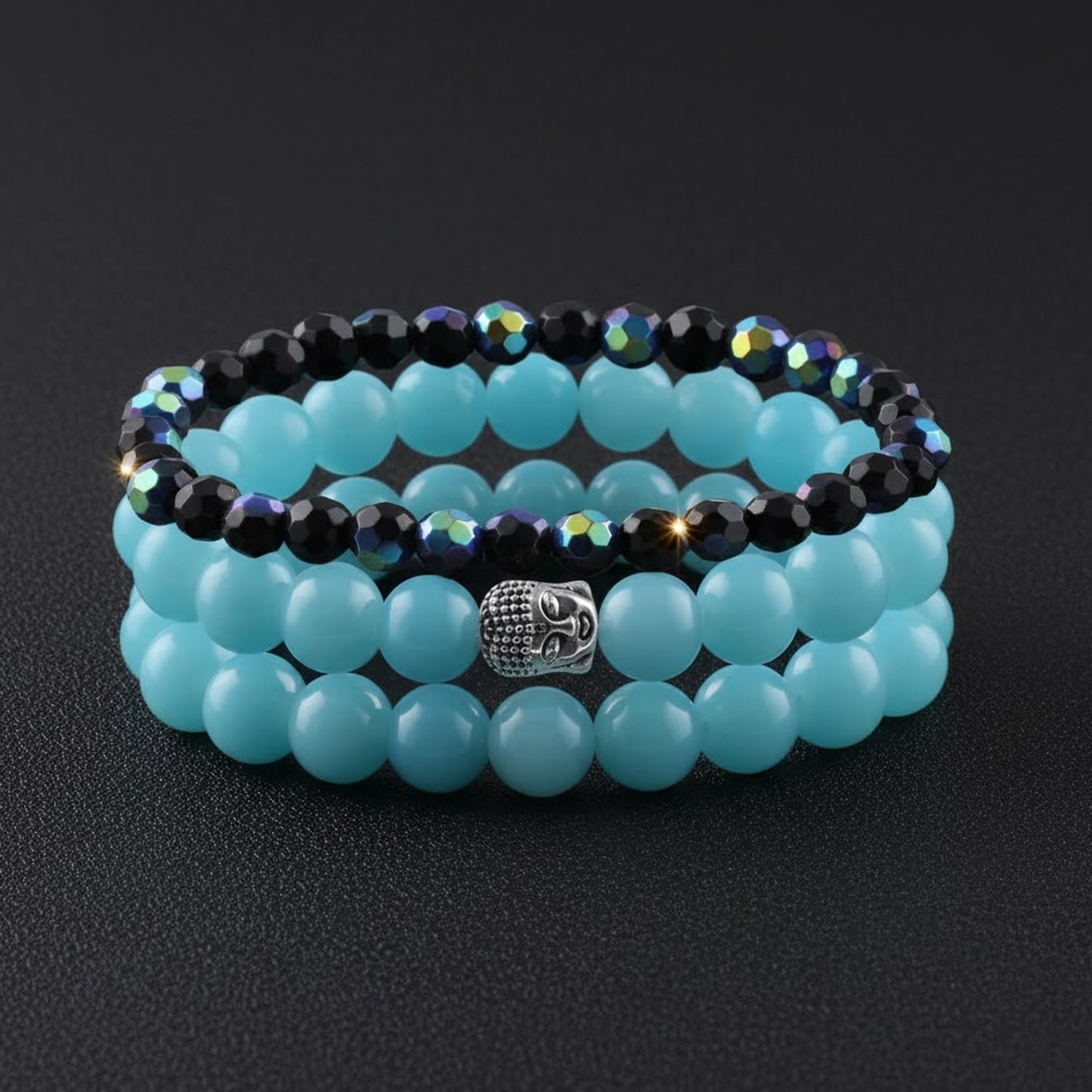 Turquoise, Onyx & Rainbow Crystal Bracelet Set – Buddha Healing Combo