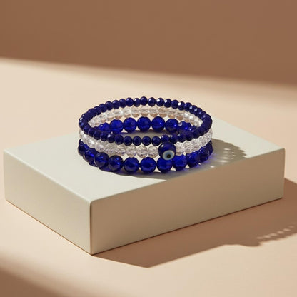 Navy Blue & Crystal Evil Eye Bracelet Set – Agate Stone Combo