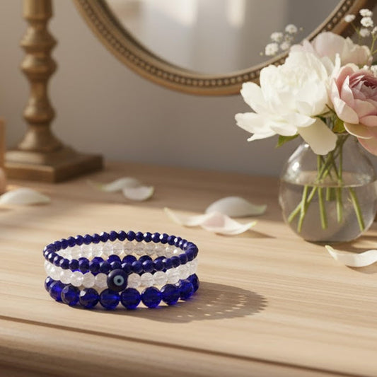 Navy Blue & Crystal Evil Eye Bracelet Set – Agate Stone Combo