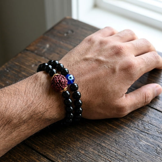 Premium Black Onyx Rudraksha Bracelet – Spiritual Protection for Men