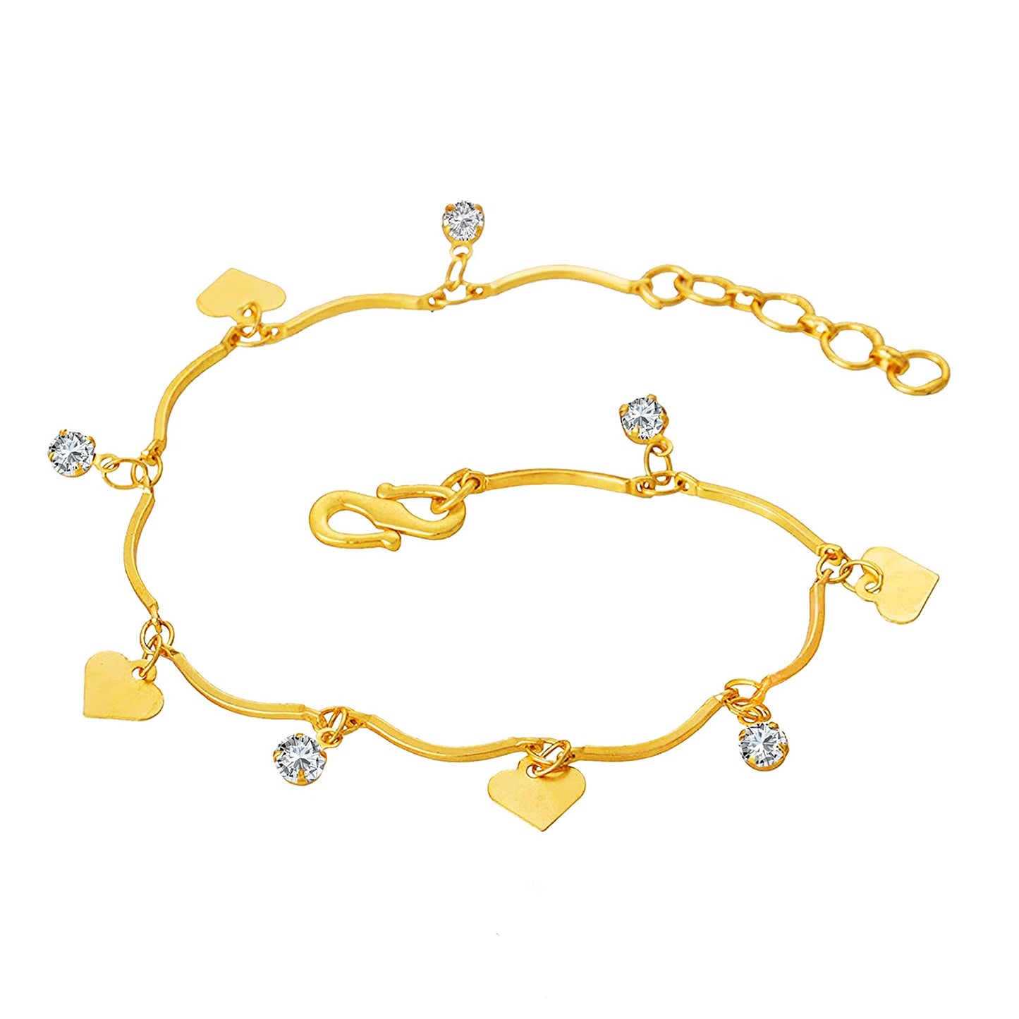 Heart & CZ American Diamond Charm Bracelet – Gold-Plated Romantic Gift