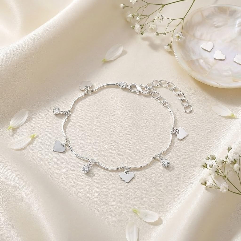 Heart & CZ American Diamond Charm Bracelet – Romantic Gift for Her