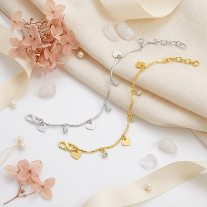 Heart & CZ American Diamond Charm Bracelet Set – Romantic Gift for Her