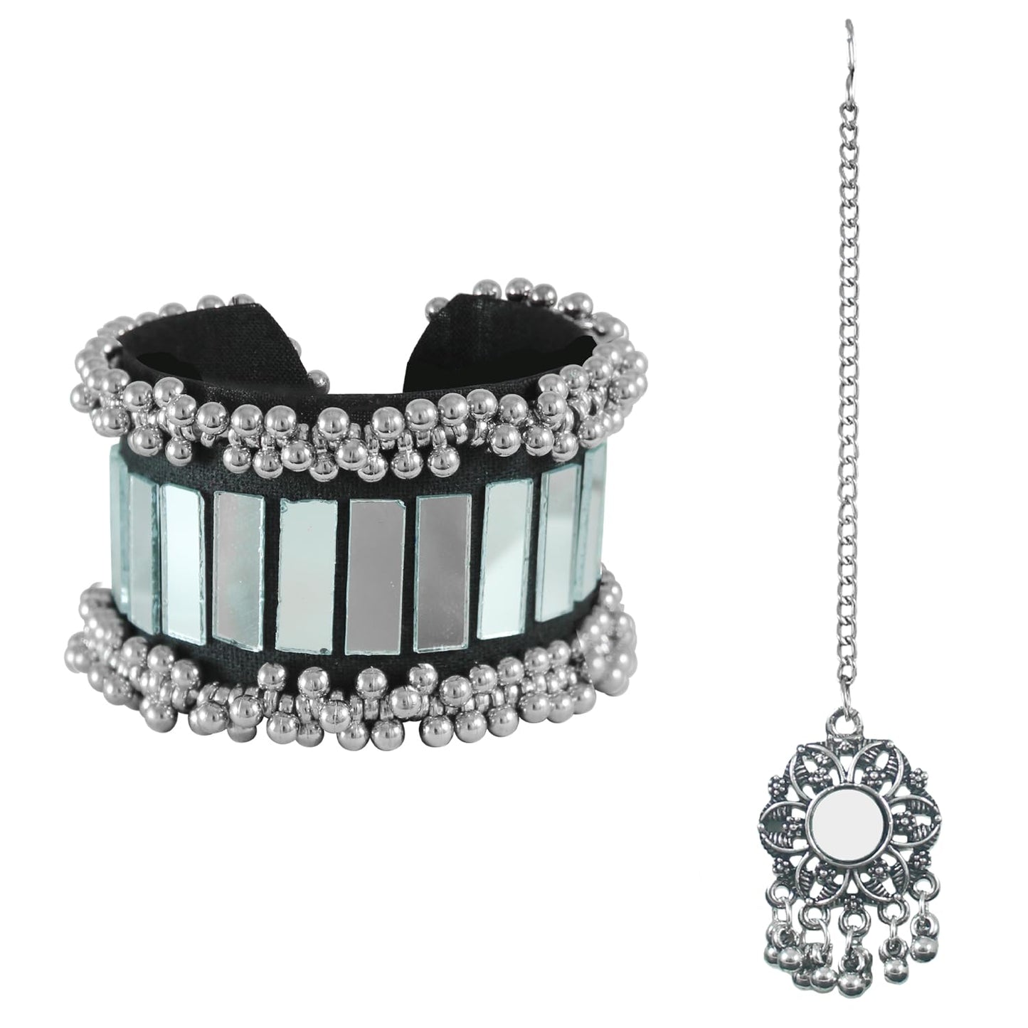 Navratri Mirror Work Bracelet & Oxidized Maang Tika Festive Combo