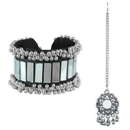 Navratri Mirror Work Bracelet & Oxidized Maang Tika Festive Combo