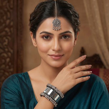 Navratri Mirror Work Bracelet & Oxidized Maang Tika Festive Combo