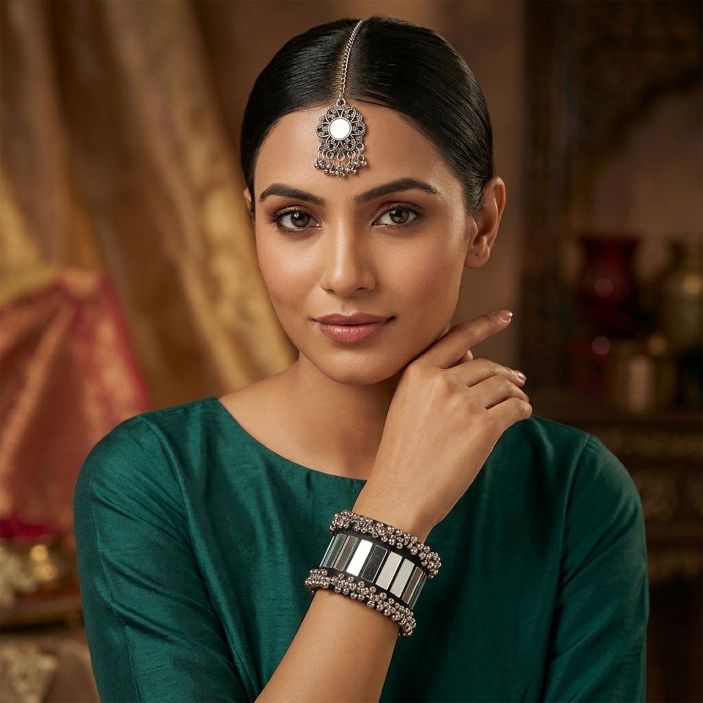 Navratri Mirror Work Bracelet & Oxidized Maang Tika Festive Combo