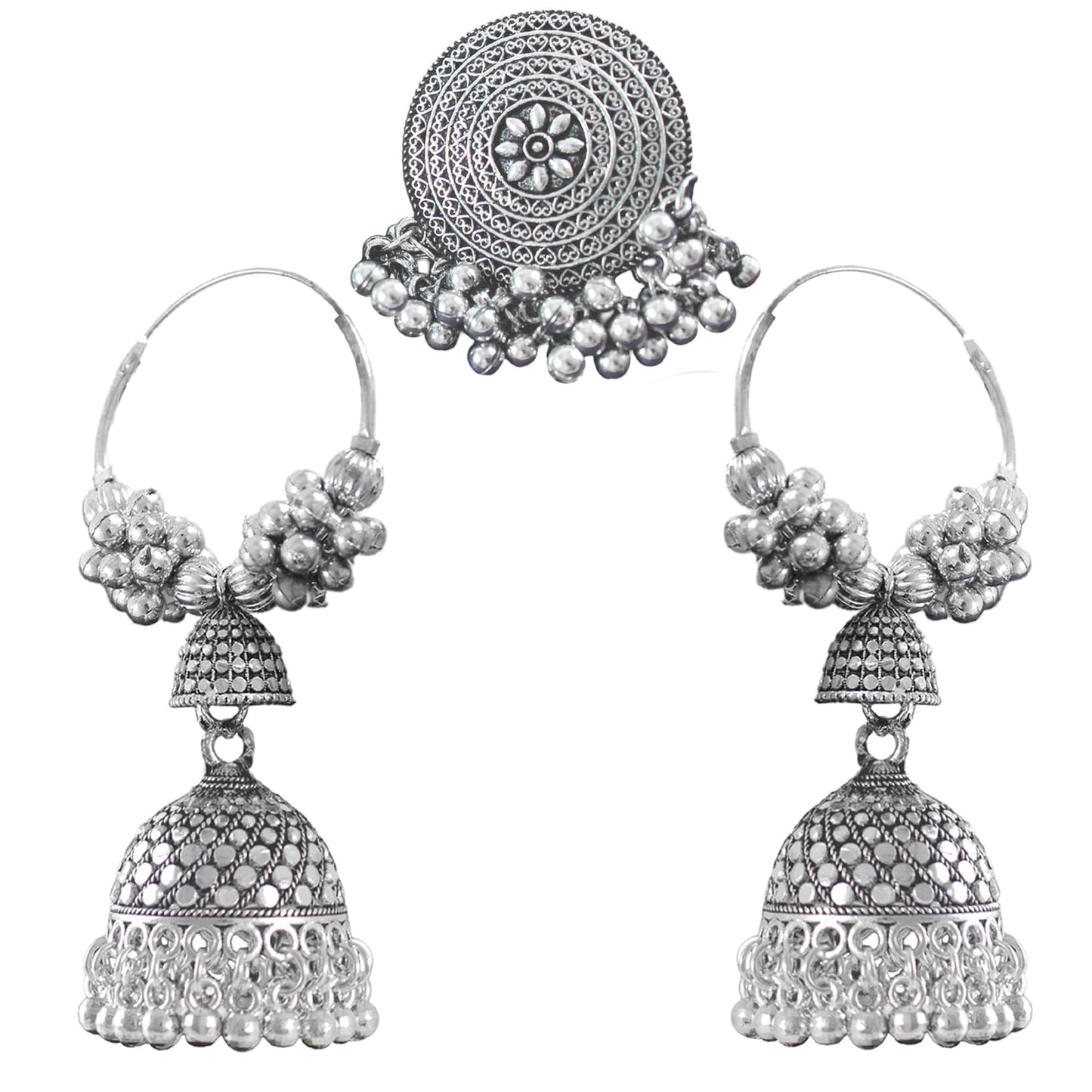 Navratri Special Oxidised Silver Plated Finger Ring & Jhumka Earrings Combo Set