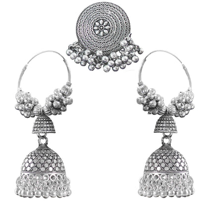 Navratri Special Oxidised Silver Plated Finger Ring & Jhumka Earrings Combo Set