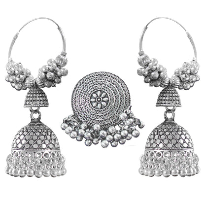 Navratri Special Oxidised Silver Plated Finger Ring & Jhumka Earrings Combo Set