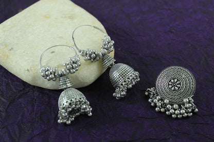 Navratri Special Oxidised Silver Plated Finger Ring & Jhumka Earrings Combo Set