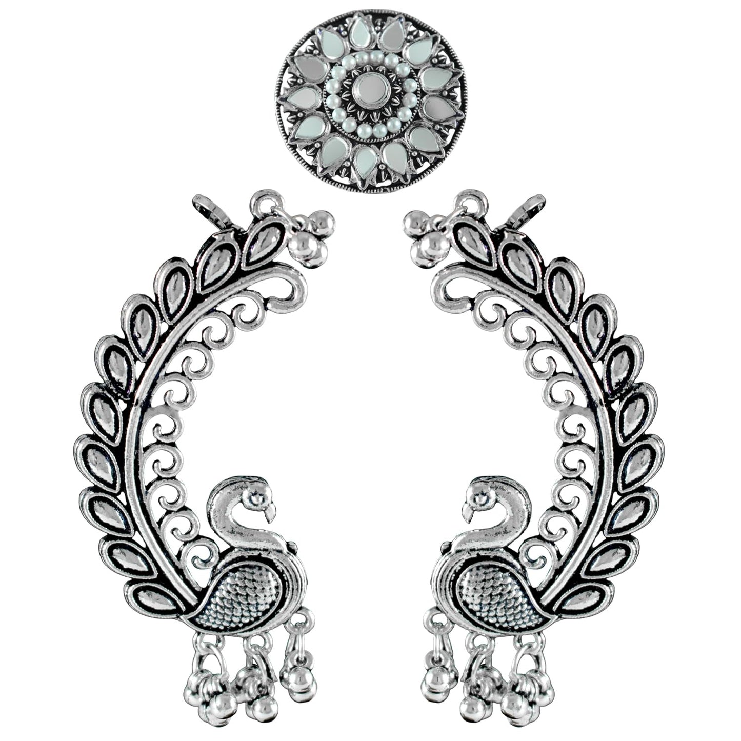 Navratri Oxidised Peacock Earring & Ring Set – Antique Silver Combo