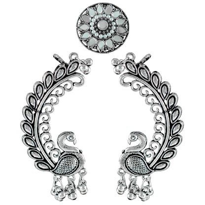 Navratri Oxidised Peacock Earring & Ring Set – Antique Silver Combo