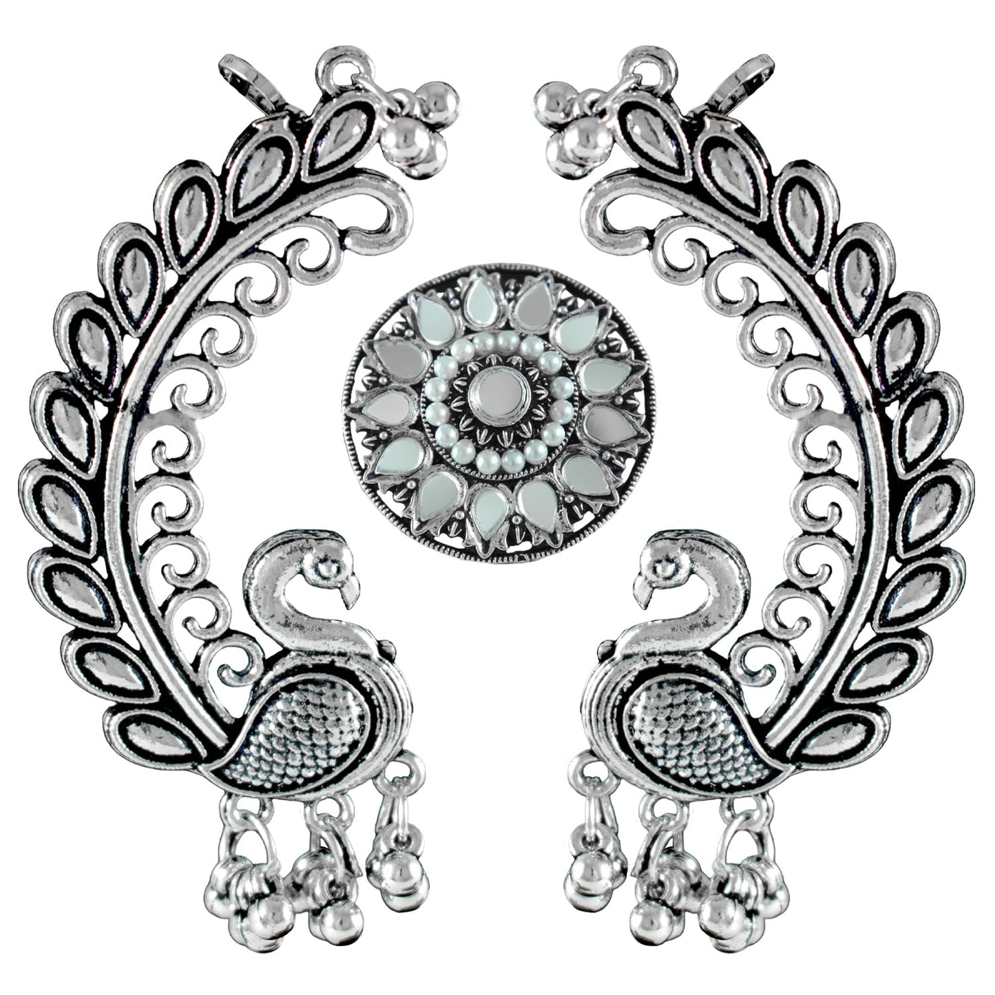 Navratri Oxidised Peacock Earring & Ring Set – Antique Silver Combo