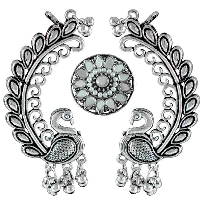 Navratri Oxidised Peacock Earring & Ring Set – Antique Silver Combo