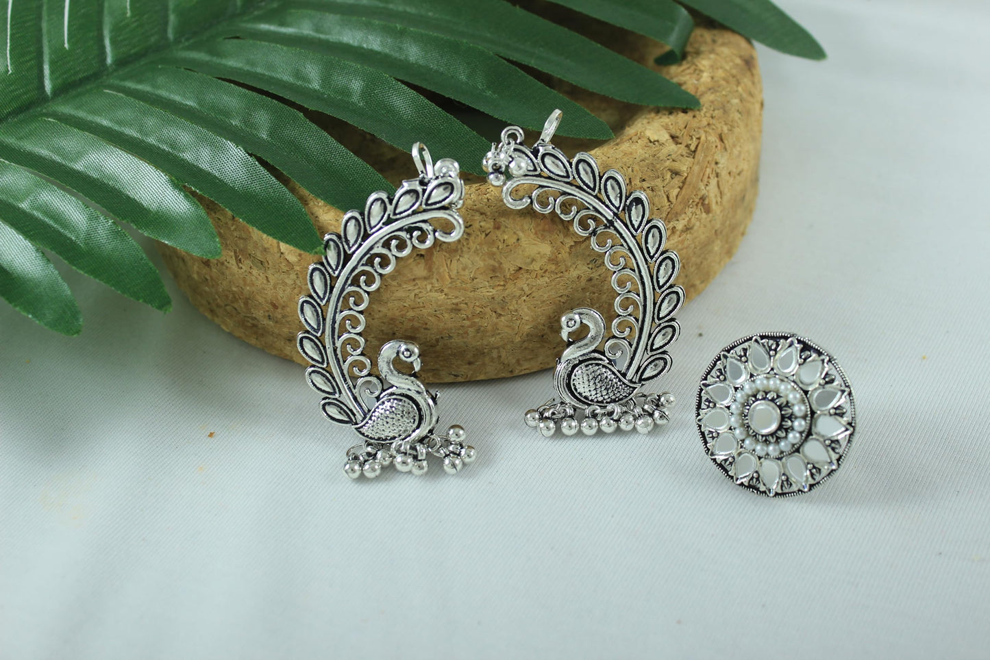 Navratri Oxidised Peacock Earring & Ring Set – Antique Silver Combo
