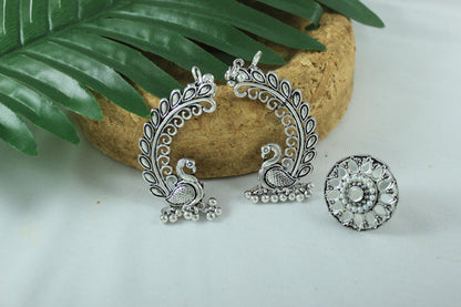 Navratri Oxidised Peacock Earring & Ring Set – Antique Silver Combo