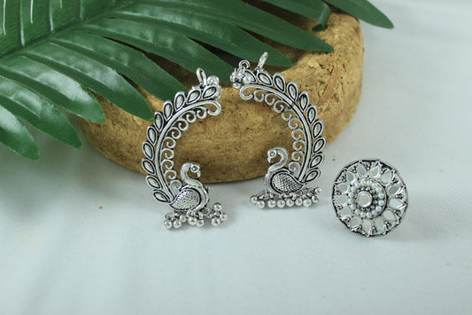 Navratri Oxidised Peacock Earring & Ring Set – Antique Silver Combo