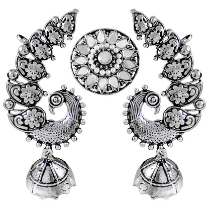 Navratri Oxidised Peacock Jhumka & Ring Set – Floral Festive Combo.