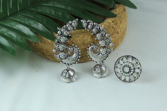 Navratri Oxidised Peacock Jhumka & Ring Set – Floral Festive Combo.