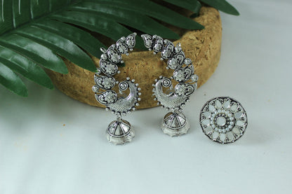 Navratri Oxidised Peacock Jhumka & Ring Set – Floral Festive Combo.