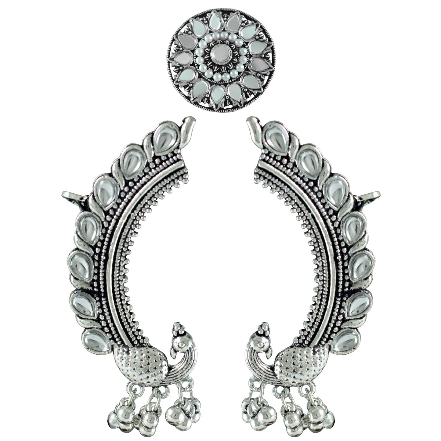 Navratri Oxidised Peacock Earring & Ring Set – Kundan Studded Combo