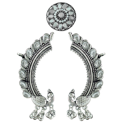 Navratri Oxidised Peacock Earring & Ring Set – Kundan Studded Combo
