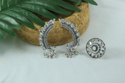 Navratri Oxidised Peacock Earring & Ring Set – Kundan Studded Combo