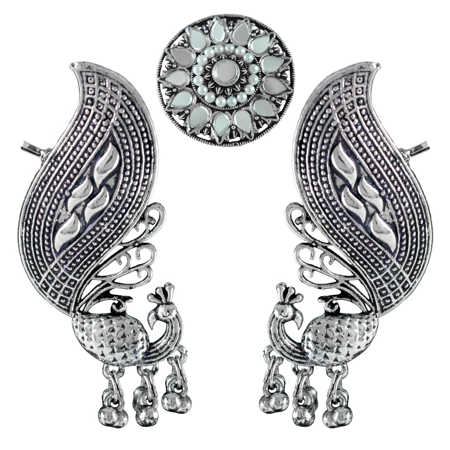 Navratri Oxidised Peacock Ear Cuff & Ring Set – Mirror & Pearl Combo