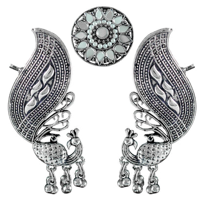 Navratri Oxidised Peacock Ear Cuff & Ring Set – Mirror & Pearl Combo