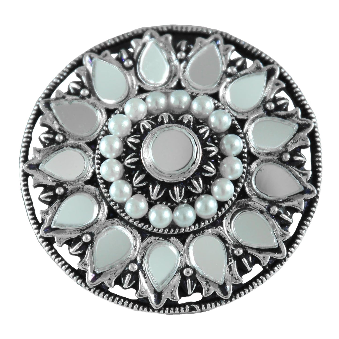 Navratri Oxidised Peacock Ear Cuff & Ring Set – Mirror & Pearl Combo