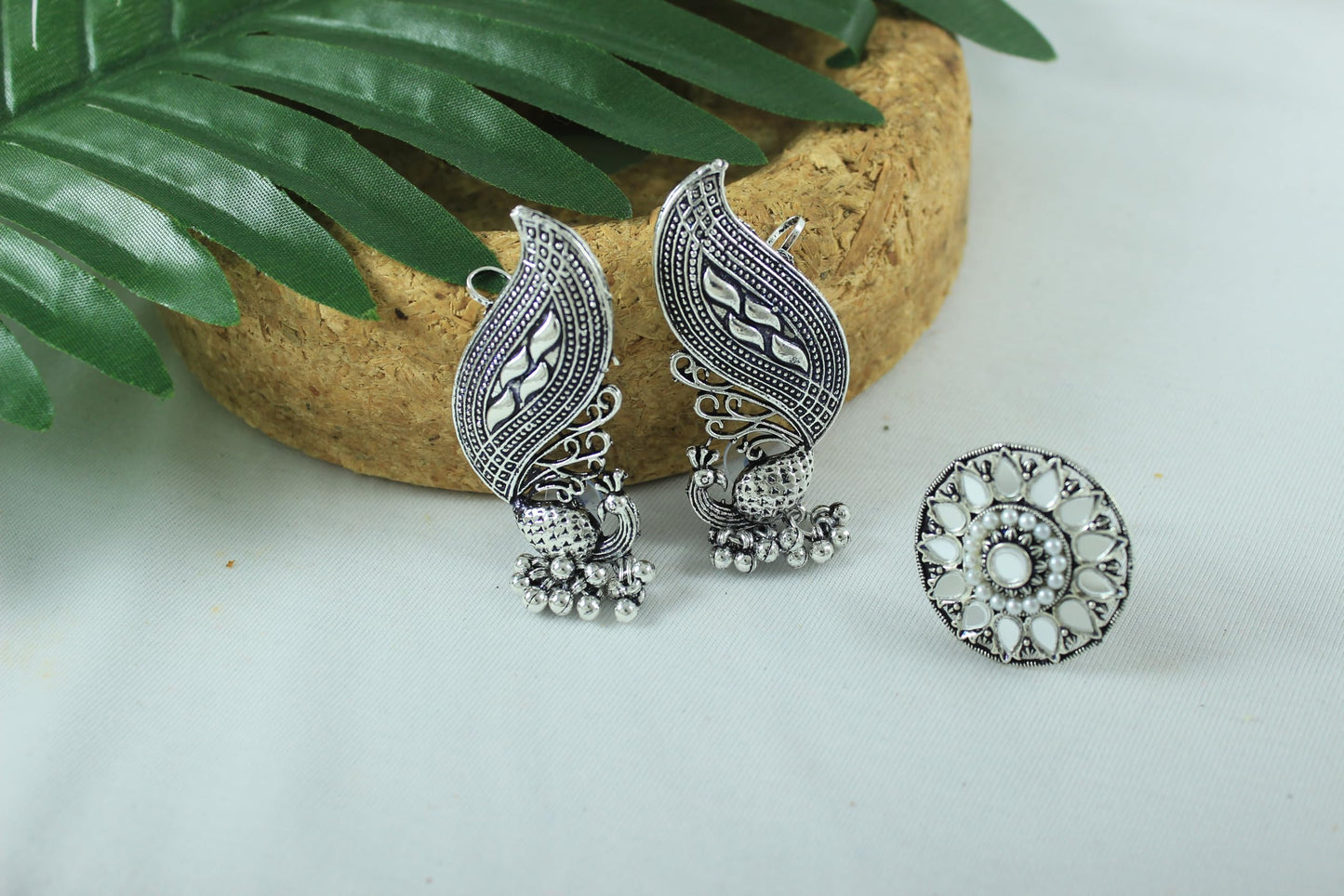 Navratri Oxidised Peacock Ear Cuff & Ring Set – Mirror & Pearl Combo