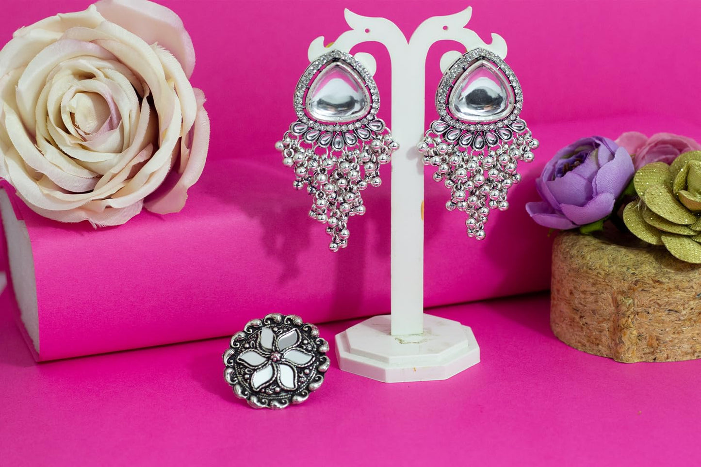 Navratri Oxidised Earring & Ring Set – White Kundan & Ghungroo Drop