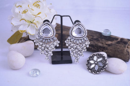 Navratri Oxidised Earring & Ring Set – White Kundan & Ghungroo Drop