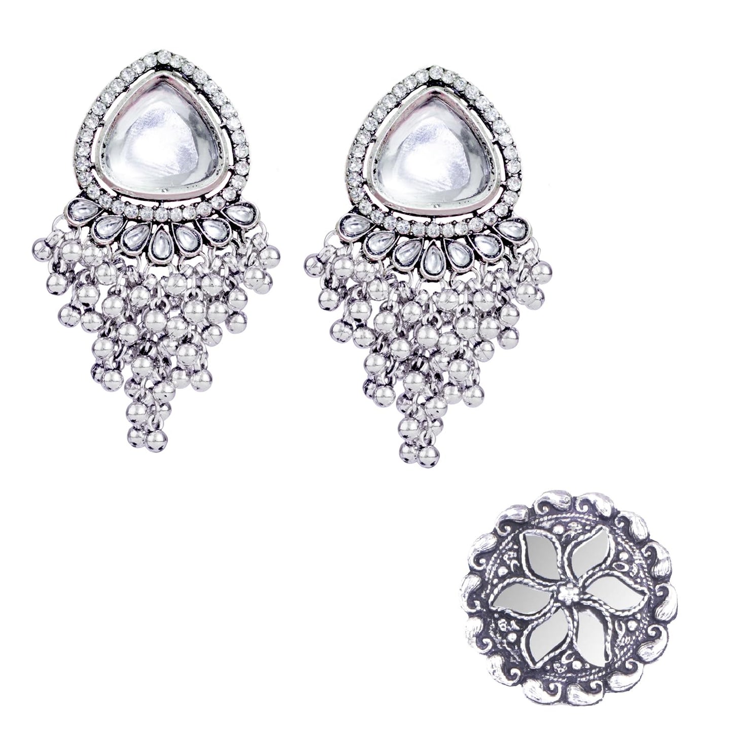 Navratri Oxidised Earring & Ring Set – White Kundan & Ghungroo Drop
