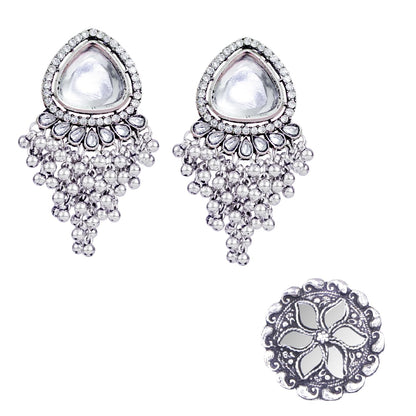 Navratri Oxidised Earring & Ring Set – White Kundan & Ghungroo Drop