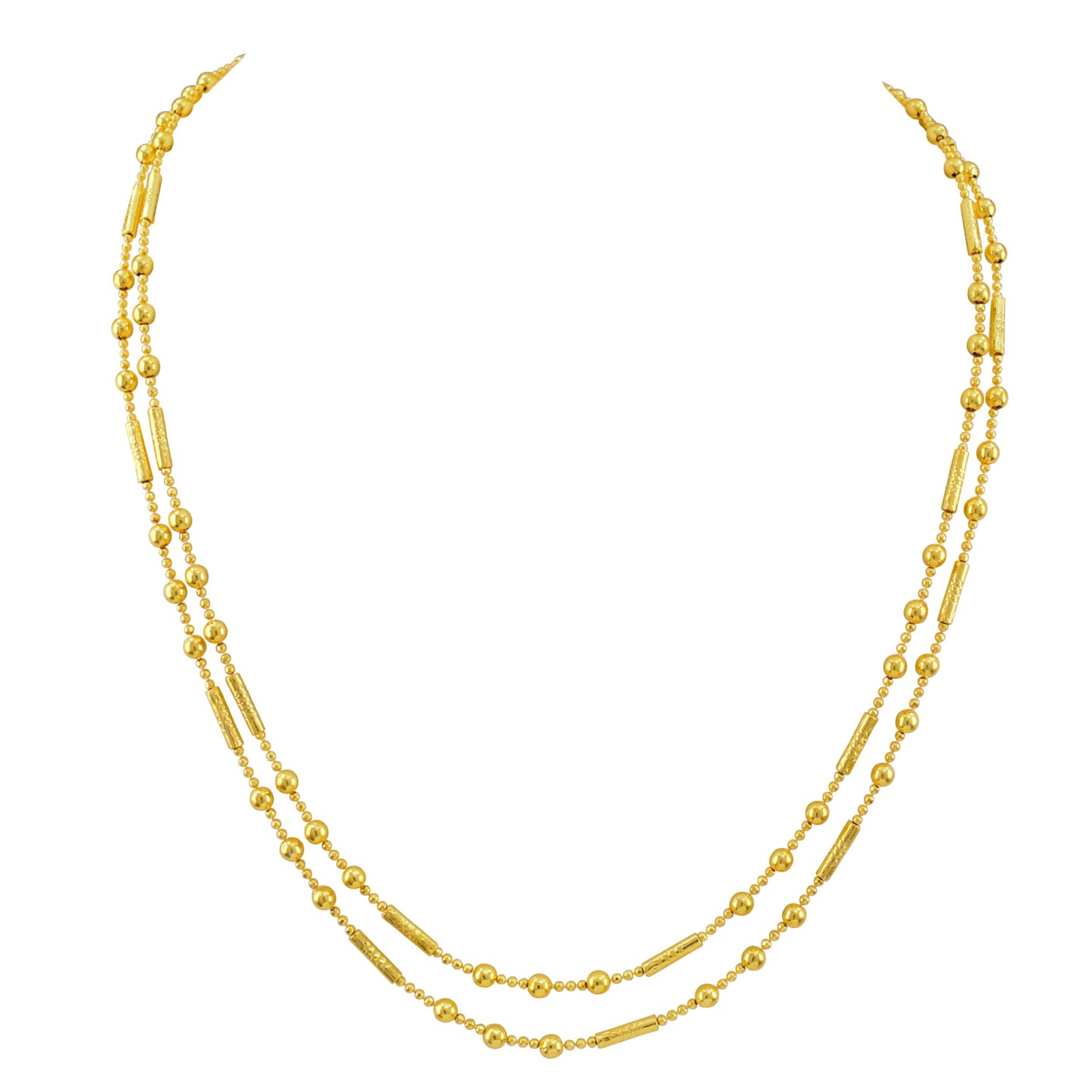 Gold Plated Layered Necklace – Double Layer Ball & Bar Beaded Chain