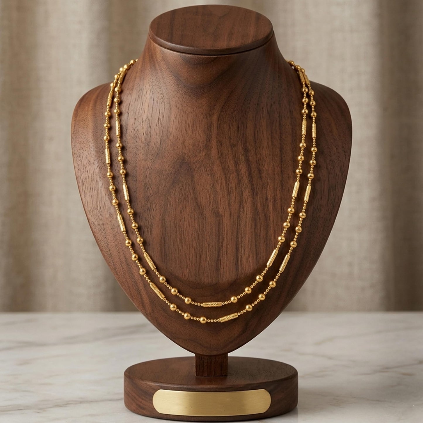 Gold Plated Layered Necklace – Double Layer Ball & Bar Beaded Chain