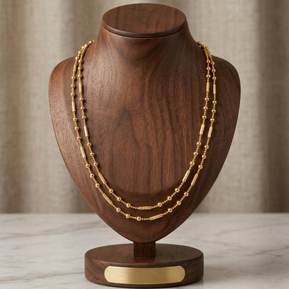 Gold Plated Layered Necklace – Double Layer Ball & Bar Beaded Chain