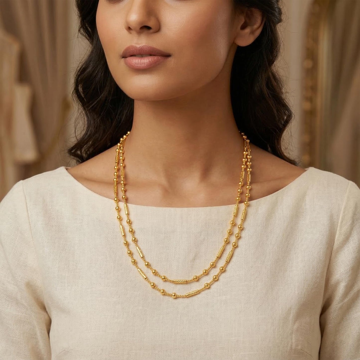 Gold Plated Layered Necklace – Double Layer Ball & Bar Beaded Chain