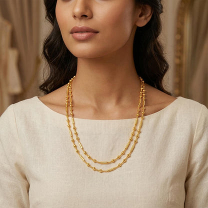 Gold Plated Layered Necklace – Double Layer Ball & Bar Beaded Chain