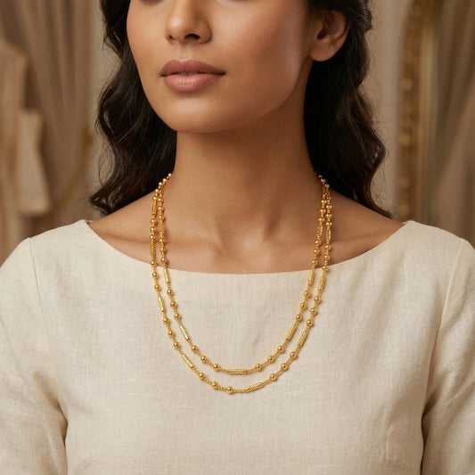Gold Plated Layered Necklace – Double Layer Ball & Bar Beaded Chain