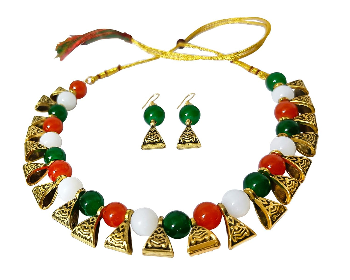Tri-Colour Necklace & Bracelet Set – Orange, White & Green Festive Combo