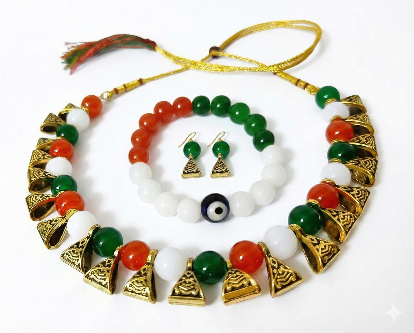 Tri-Colour Necklace & Bracelet Set – Orange, White & Green Festive Combo