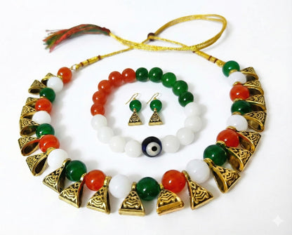 Tri-Colour Necklace & Bracelet Set – Orange, White & Green Festive Combo